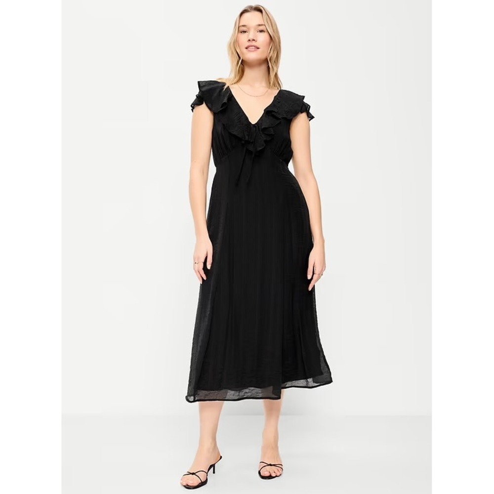 Old Navy Womens Black Ruffle V-Neck Midi Dress Crinkle Fit Flare Size Large